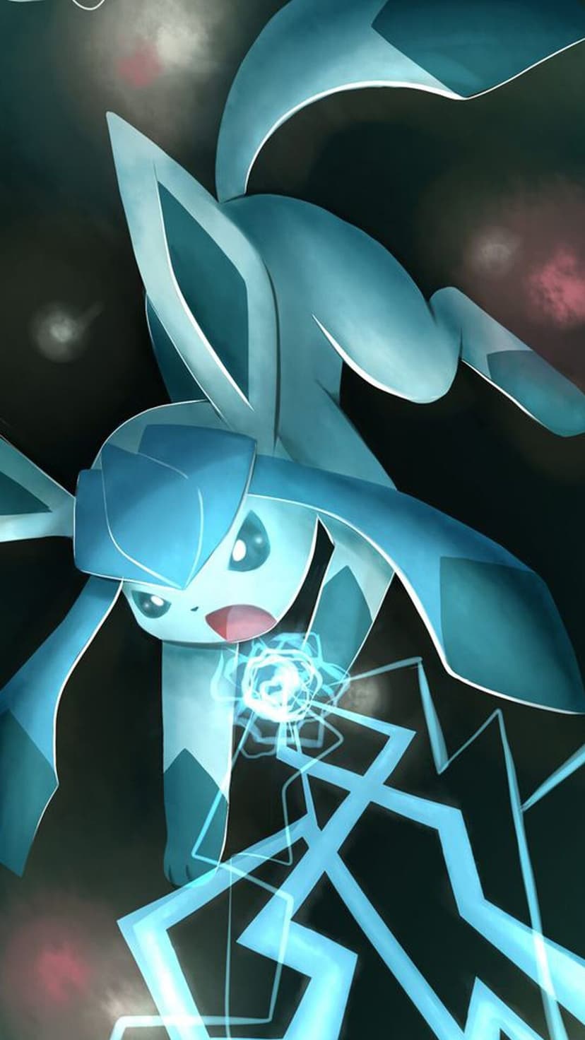Glaceon Pokemon mid-air charging a blue glowing energy attack against a dark background with bokeh lights.