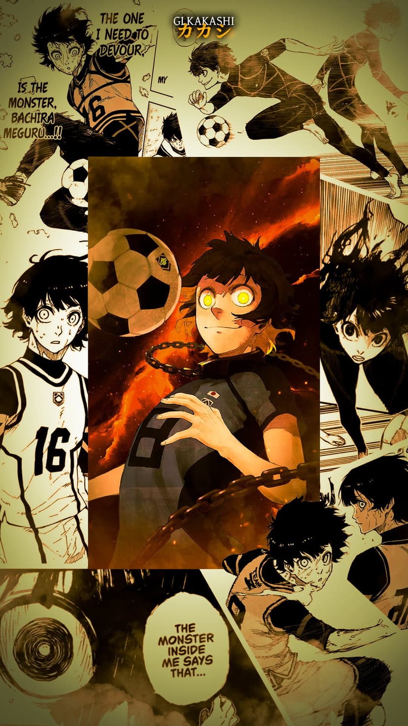 Blue Lock manga characters scream with intensity across a collage of soccer panels with sharp ink speed lines.