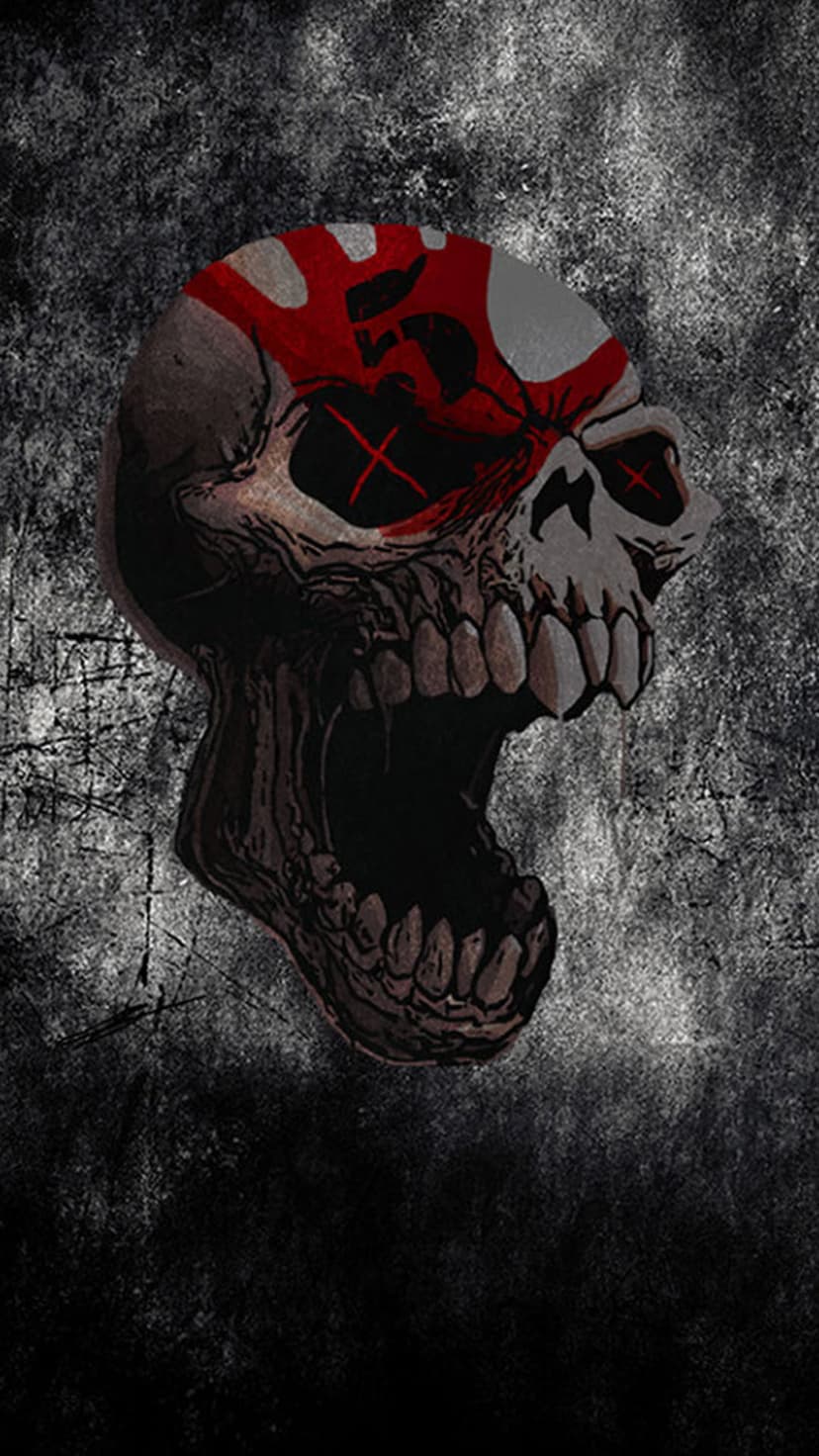 Weathered human skull featuring glowing red eyes and crimson facial markings against a dark textured backdrop.