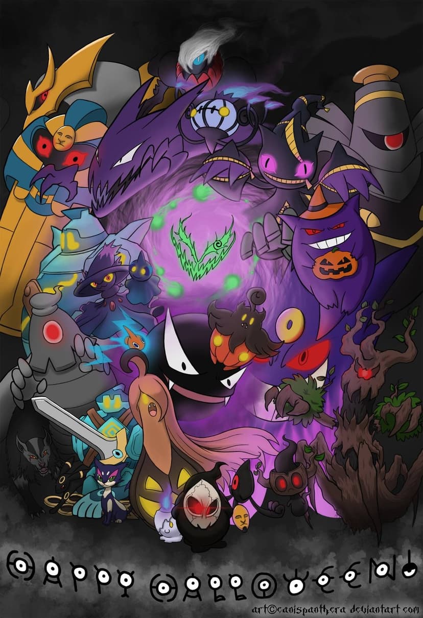 Ghost type Pokemon surrounding a glowing purple vortex with Unown letters spelling Happy Halloween below.