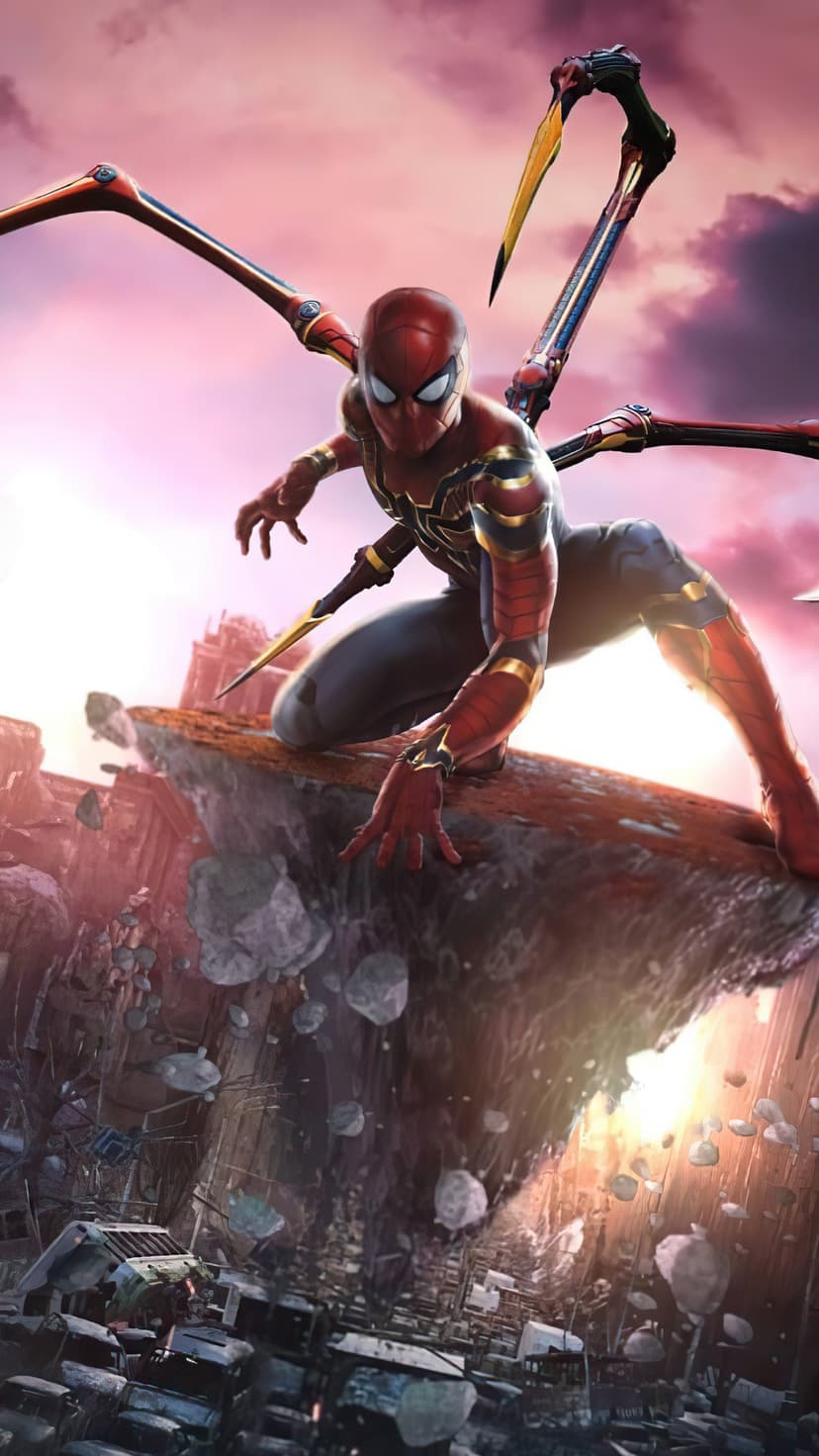 Spider-Man in his gold-accented Iron Spider suit crouches on a rocky cliff overlooking a destroyed city.