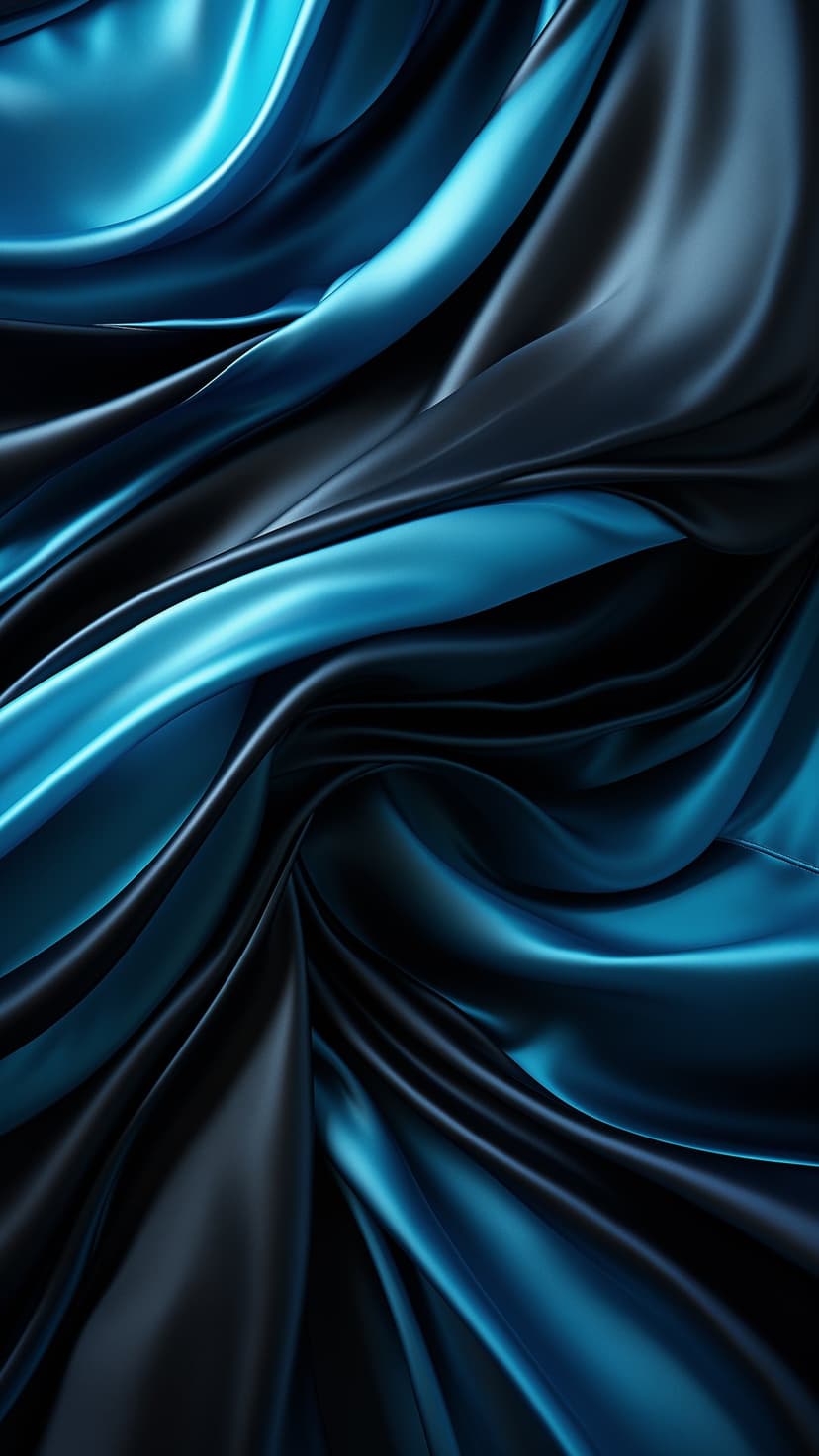 Teal and black satin fabric with deep undulating folds and smooth glossy highlights in a vertical composition.
