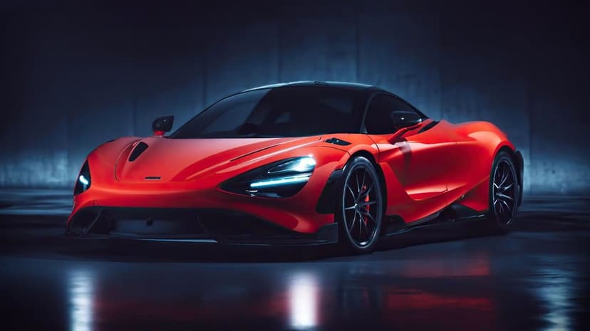 Red McLaren supercar with glowing blue headlights parked on a dark reflective floor in a moody studio.