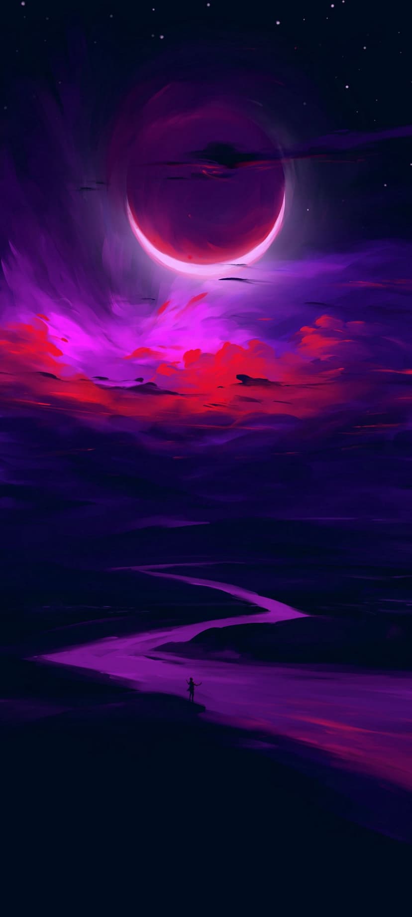 Lone person standing by a winding purple river under a crescent lunar eclipse and swirling pink clouds.