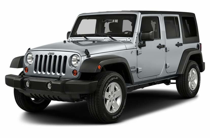 Silver Jeep Wrangler Unlimited Sport with black fenders and hardtop against a white studio background.