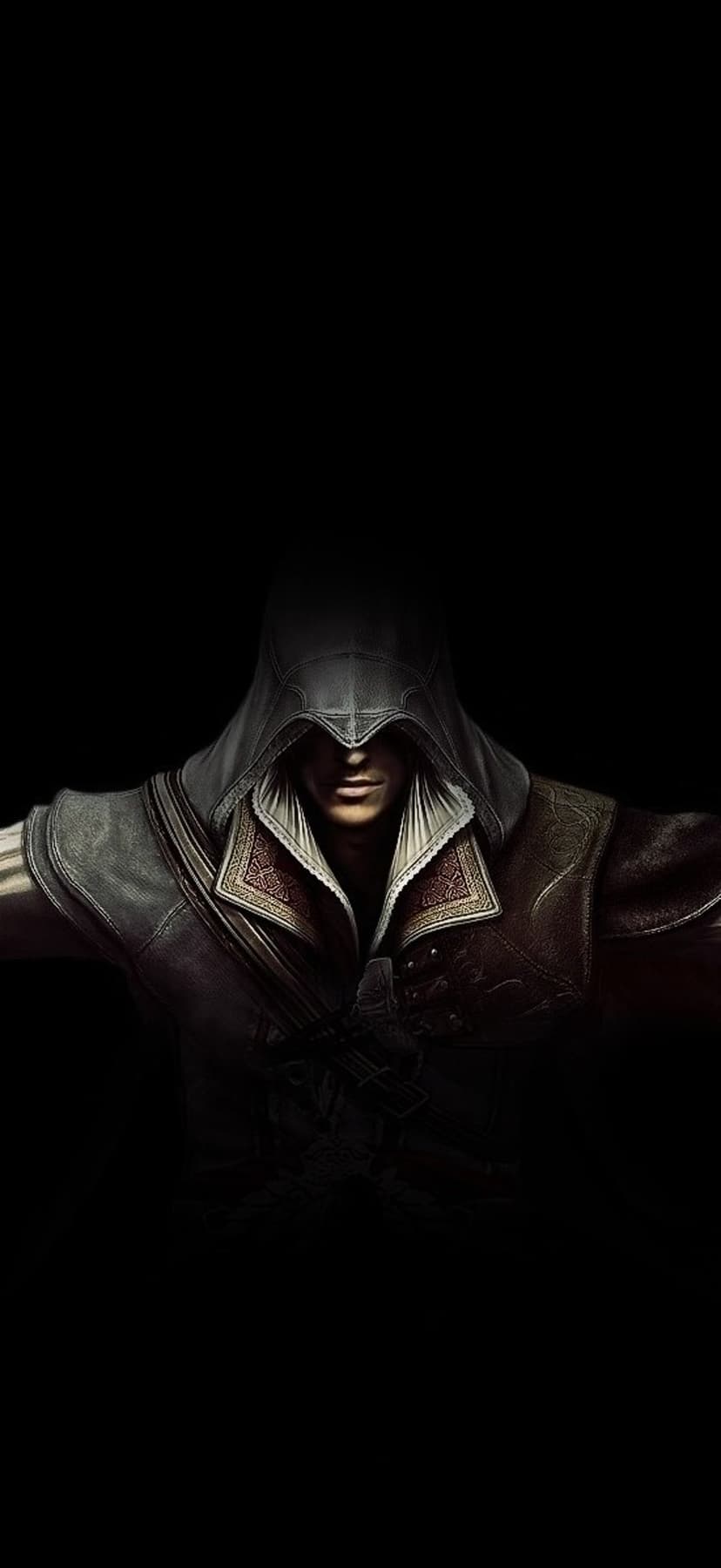 Ezio Auditore wears a white pointed hood with deep shadows across his face and a focused, piercing expression.