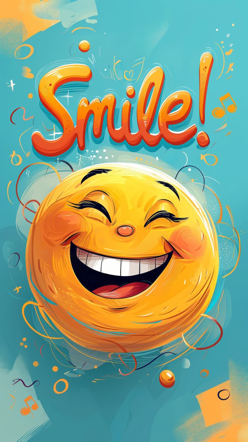 Beaming yellow smiley face with closed eyes below orange text against a teal background with abstract swirls.