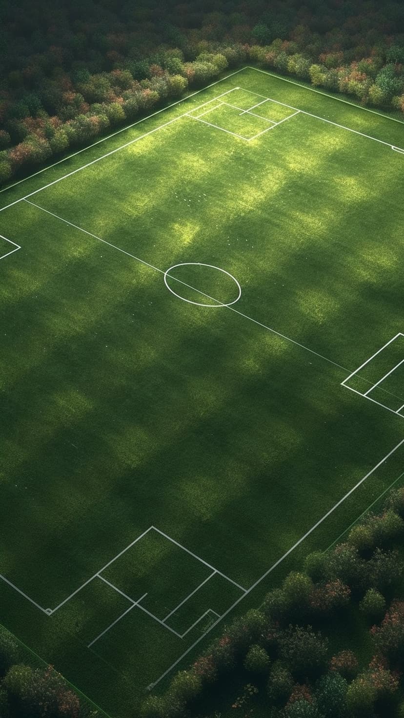 Soccer field with white boundary lines is surrounded by a dense green forest from an aerial drone perspective.