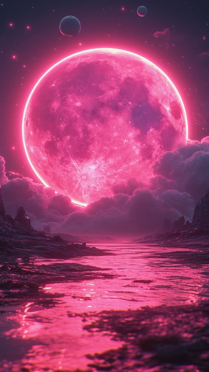 Colossal pink moon illuminates a winding luminous river and rocky alien terrain under a purple nebula.