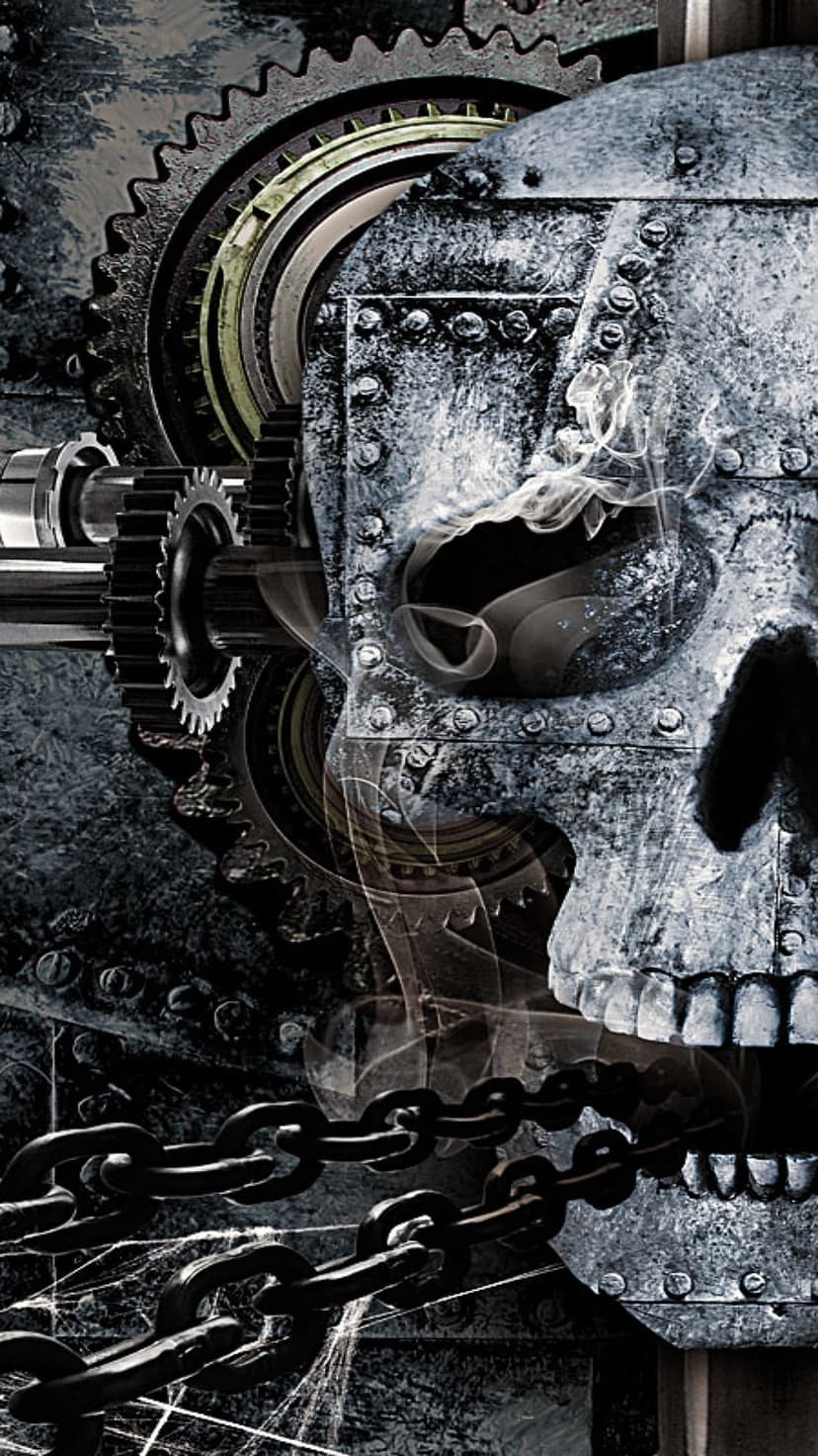 Metallic skull with intricate gears and heavy chains emitting smoke from eye sockets against a dark background.