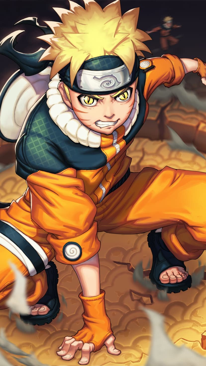Naruto Uzumaki crouches in Sage Mode with yellow eyes and whisker marks against a rocky terrain background.