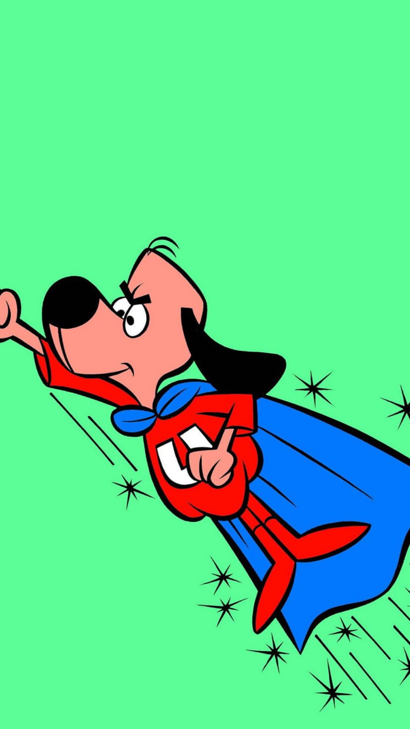 Underdog the flying dog wears a red suit and blue cape against a green background with white motion lines.