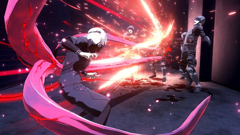 Ken Kaneki with white hair and red kagune attacking soldiers in a dark hallway with bright red energy flares.