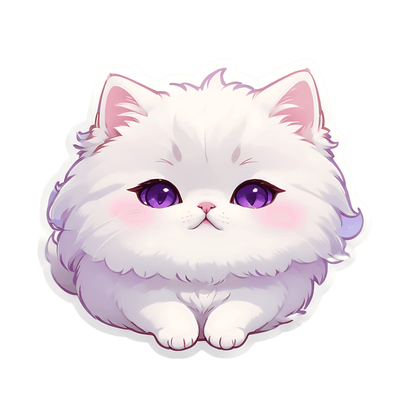 White kitten sticker graphic with purple eyes and fluffy fur texture shown in a front-facing chibi pose.