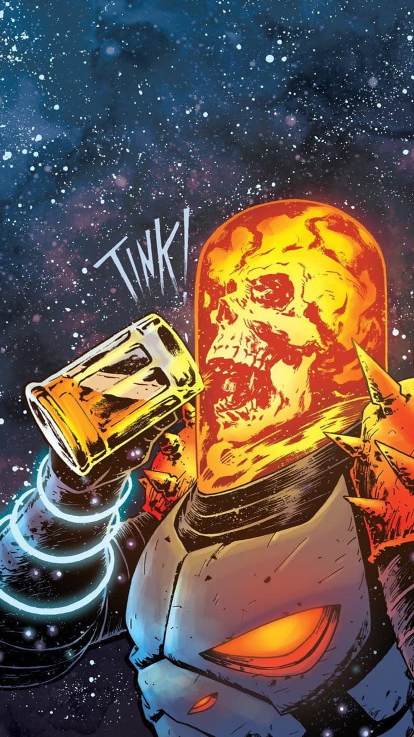 Flaming skeletal head in a spherical helmet holds a glowing orange drink amidst a vast starry space background.