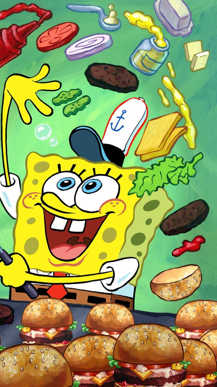 SpongeBob SquarePants smiles as lettuce, cheese, and pickles float around him in the Krusty Krab kitchen.