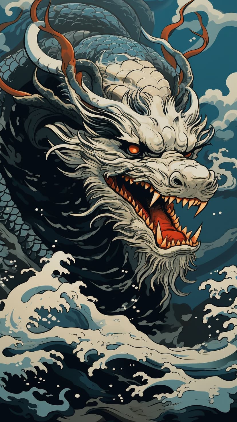 Japanese dragon with glowing orange eyes and sharp teeth rising from a turbulent ocean under dark stormy clouds.