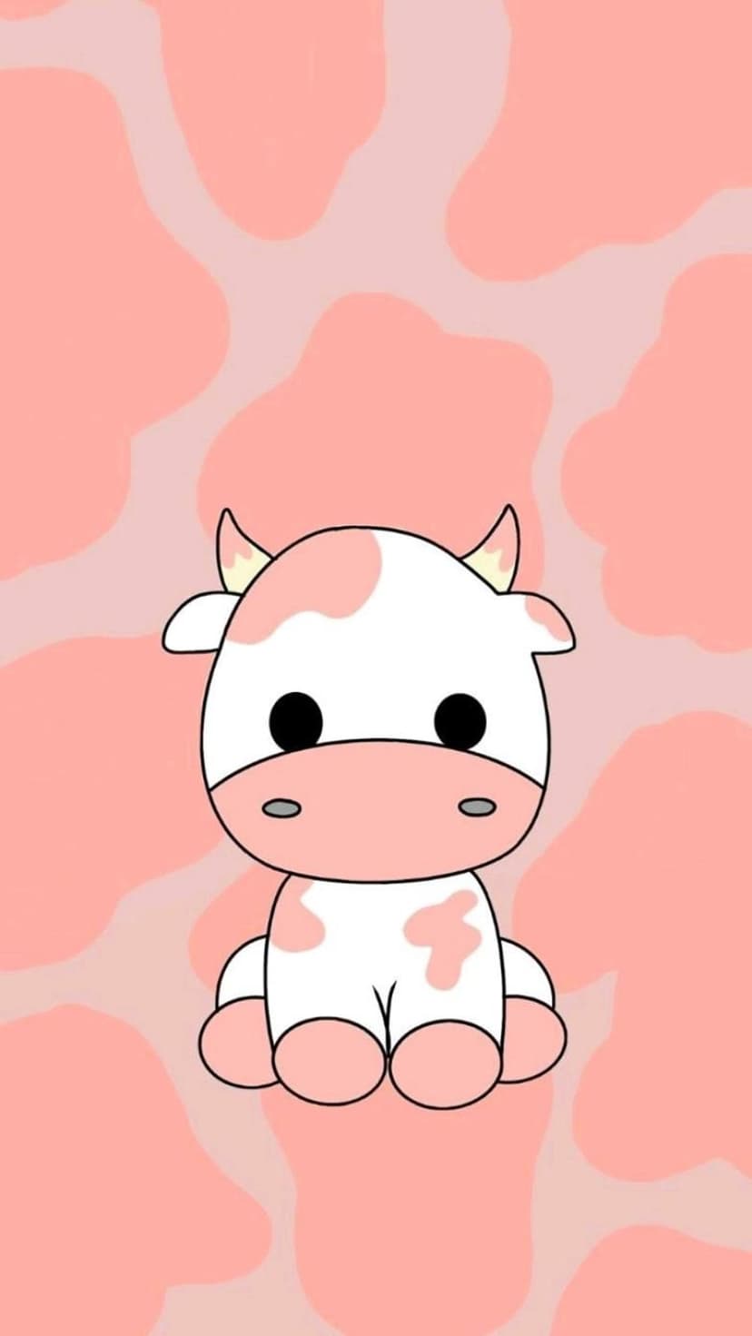 Pink and white cartoon cow sitting peacefully against a background of whimsical pink cow-print spots.