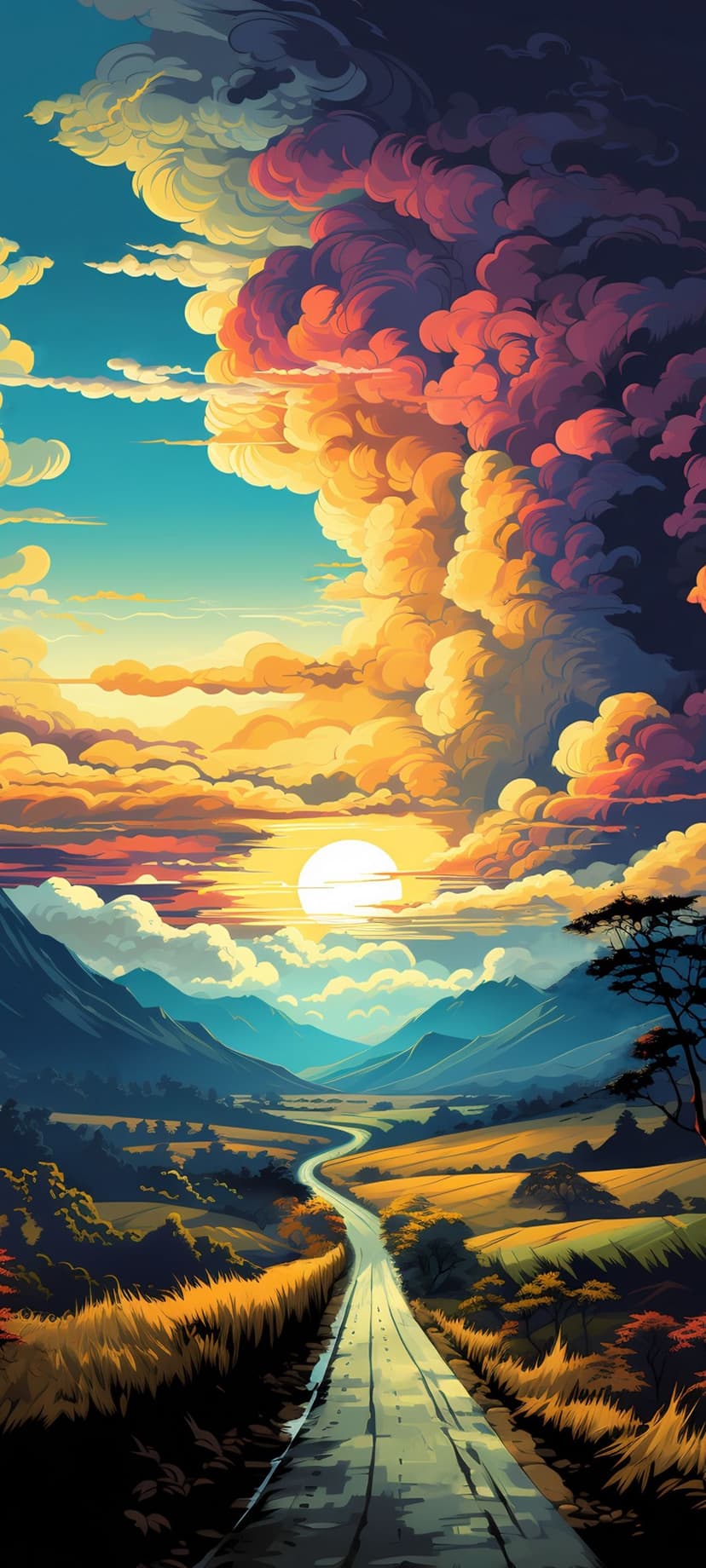 Winding road curves through a lush green mountain valley under a sky filled with dramatic orange and pink clouds.