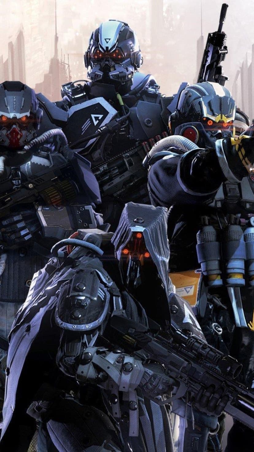 Squad of sci-fi soldiers in heavy matte black armor with glowing red eye sensors and tactical gear.