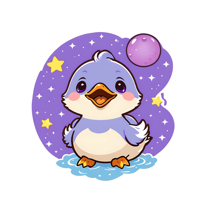 Lavender chick sticker stands on blue clouds under a pink moon and yellow stars against a purple night sky.