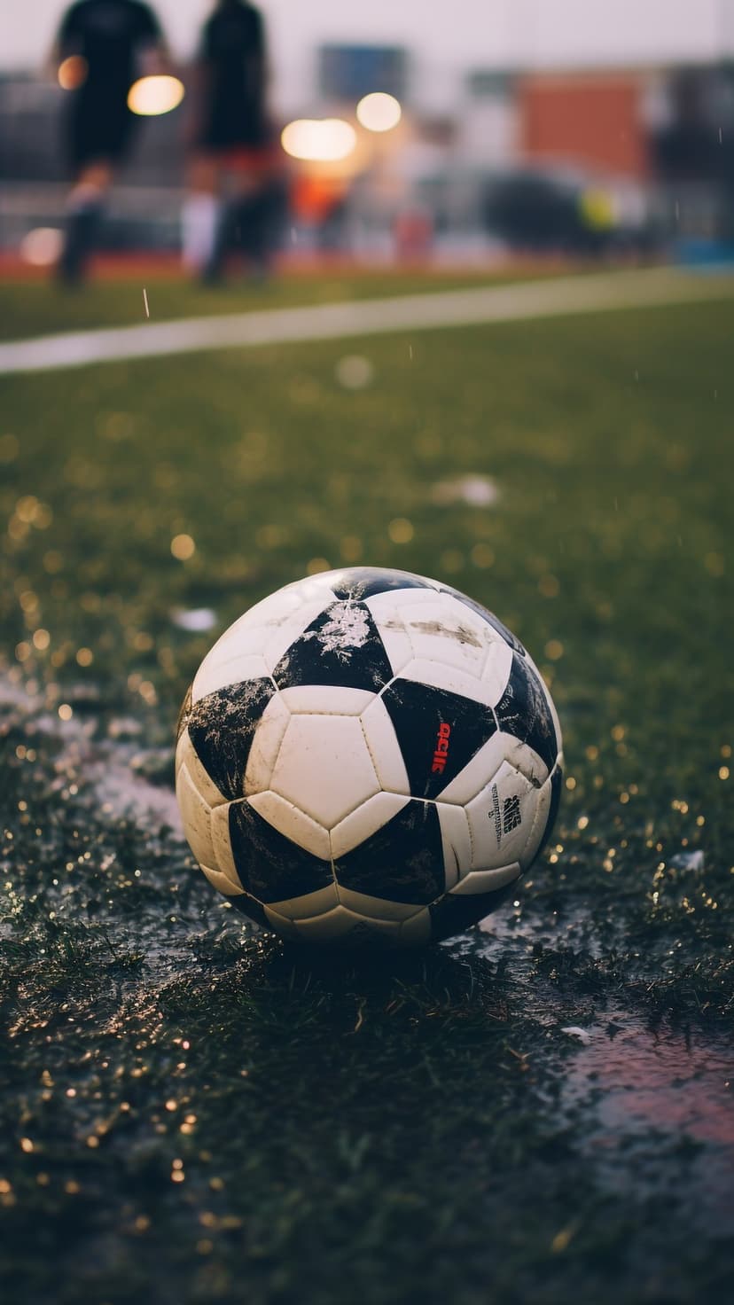Soccer ball on wet grass reflecting stadium lights during a rainy match with blurred players in the distance.