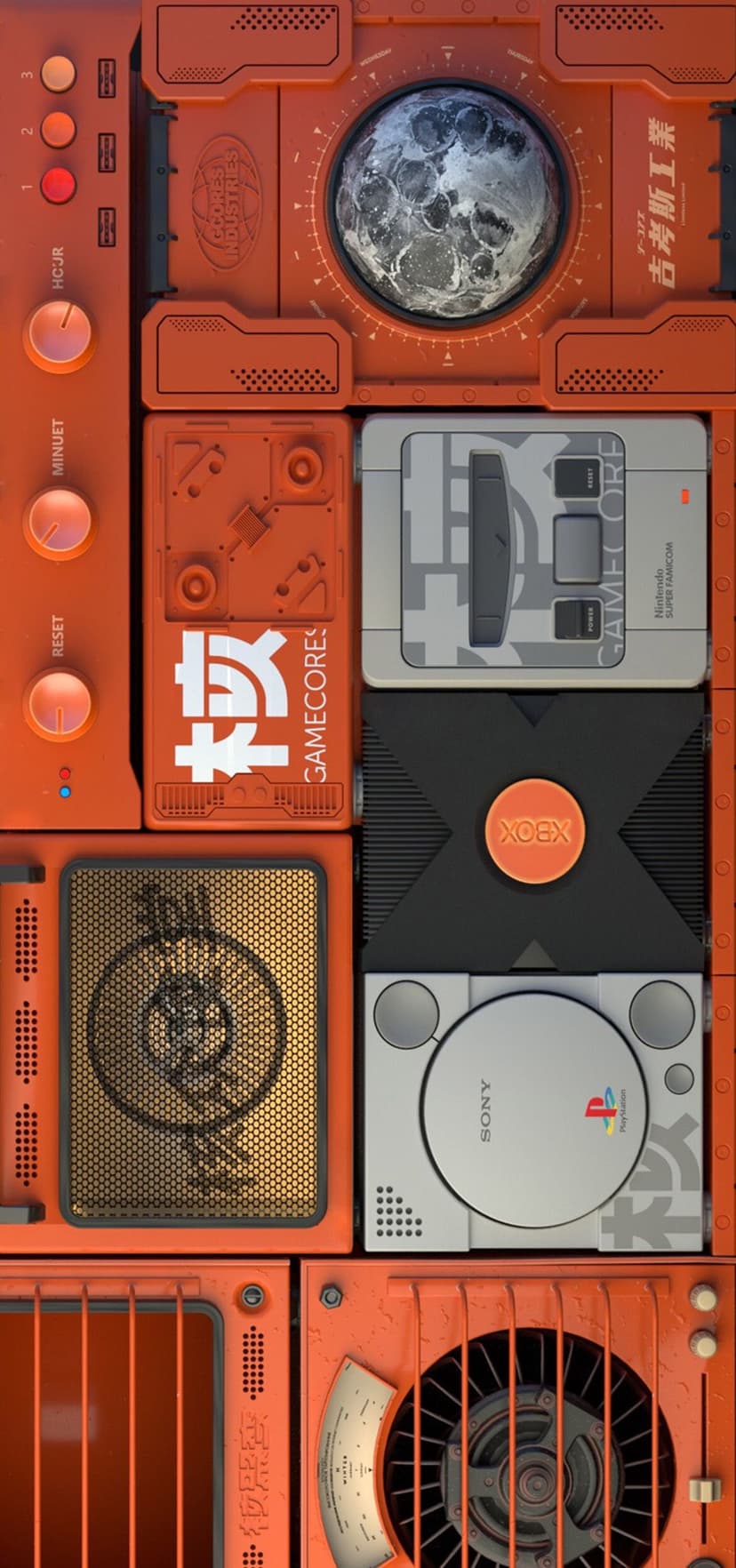 Retro game consoles and controllers arranged in a vertical collage with intricate orange mechanical details.
