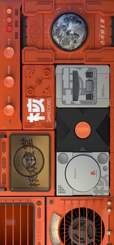 Vintage Video Game Consoles and Orange Tech Phone Wallpaper