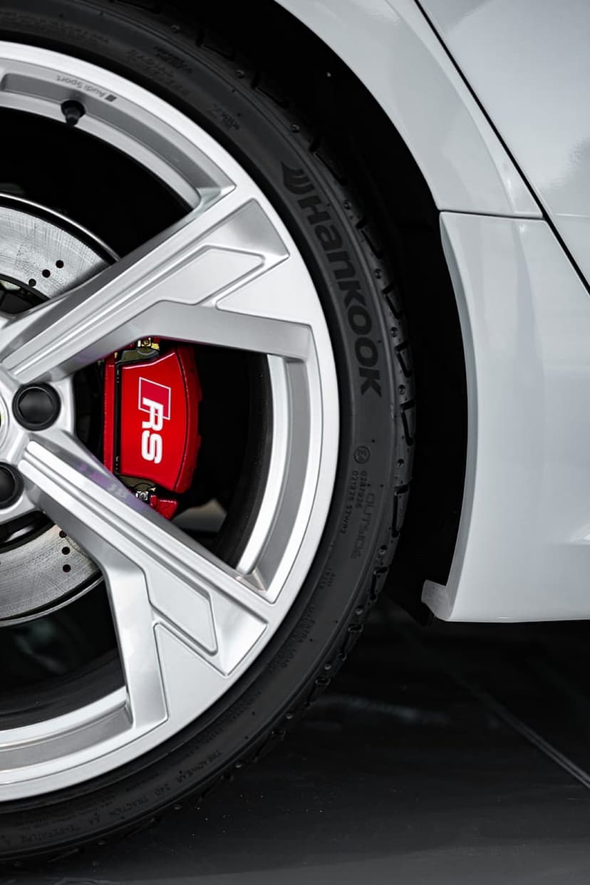 Red RS brake caliper behind silver multi-spoke alloy rims and a Hankook Ventus tire on a sleek silver sports car.
