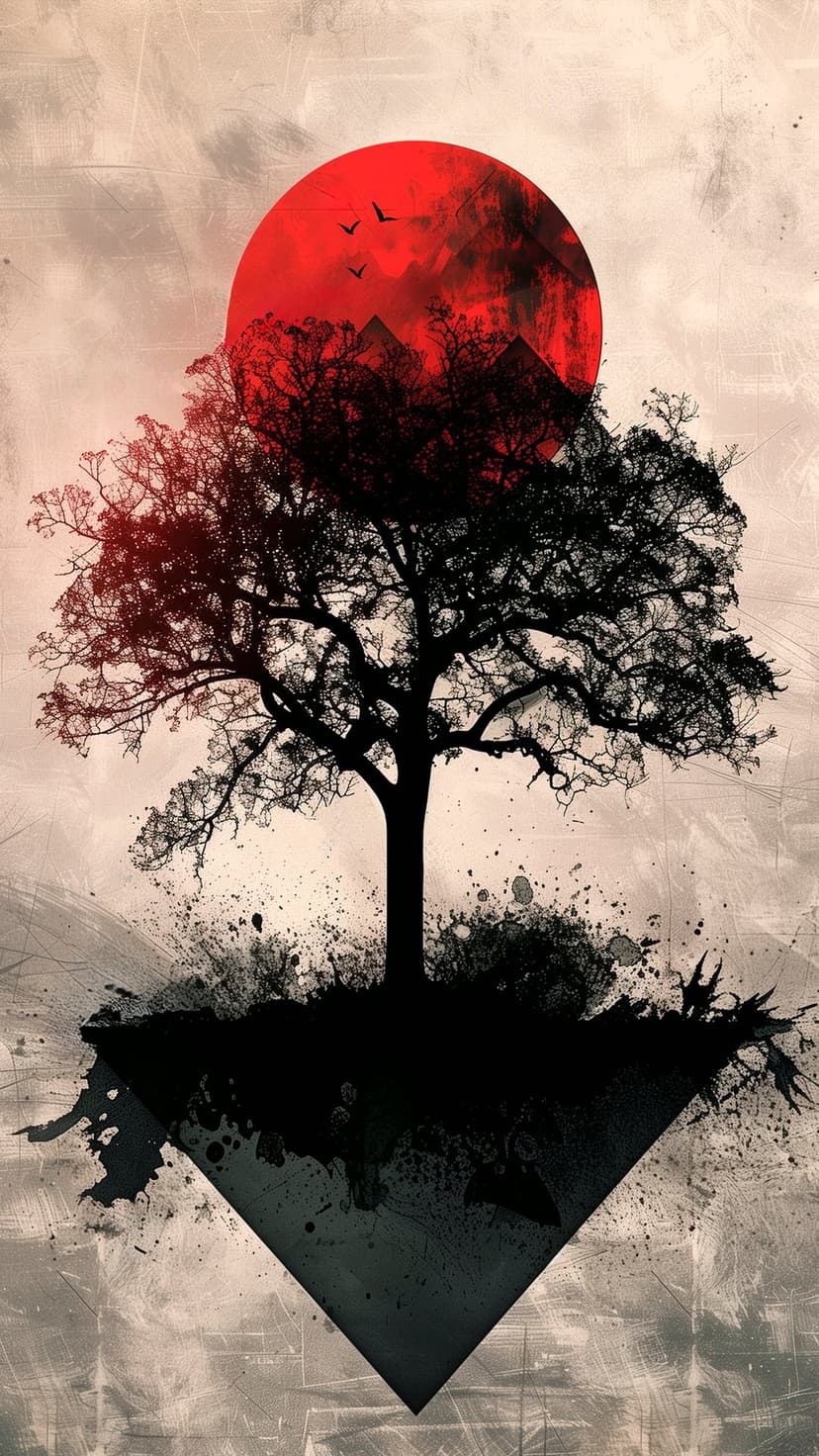 Gnarled tree silhouette on a floating island against a massive red moon containing faint pyramid shapes and birds.