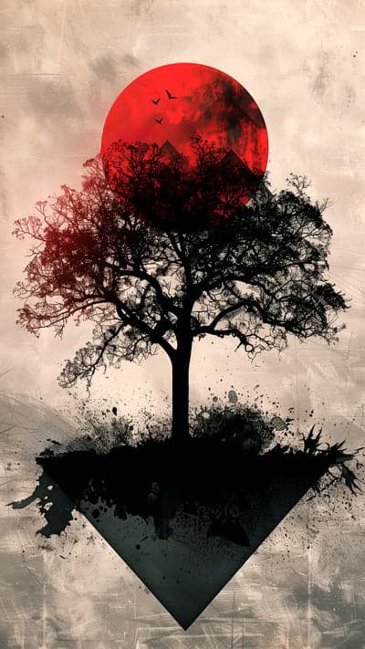 Surreal Tree Under Red Moon and Pyramids