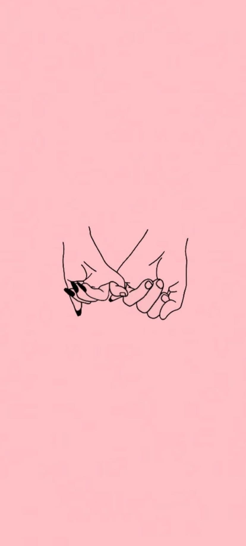Interlocked pinky fingers in black line art over a solid salmon pink background for a vertical screen display.