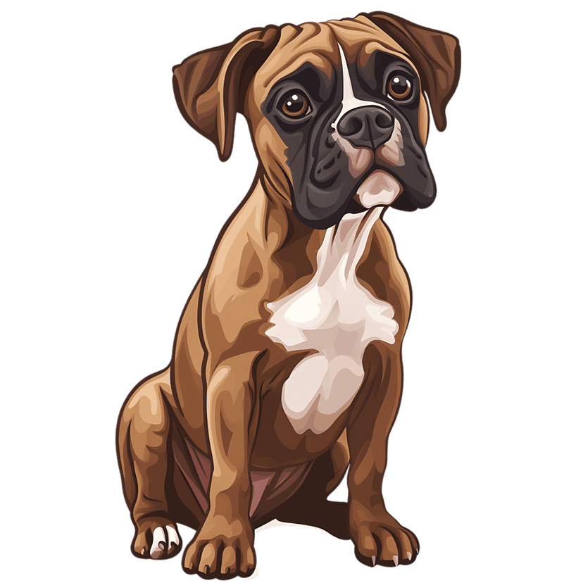 Boxer dog illustration shows a fawn and white canine sitting upright with a focused and attentive expression.