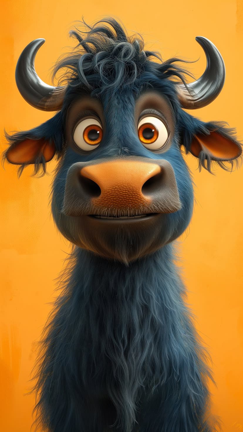 Fuzzy blue monster with large orange eyes and small horns posed against a solid bright orange background.