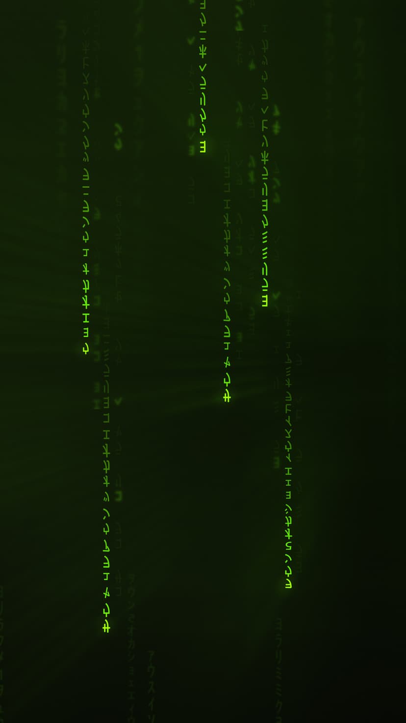 Vertical streams of glowing green characters and symbols fall against a pitch-black background in a data rain.