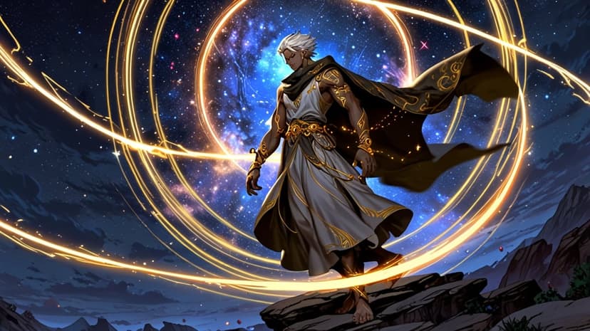 Silver-haired warrior in white and gold robes stands on rocks amidst a swirling golden stardust nebula.
