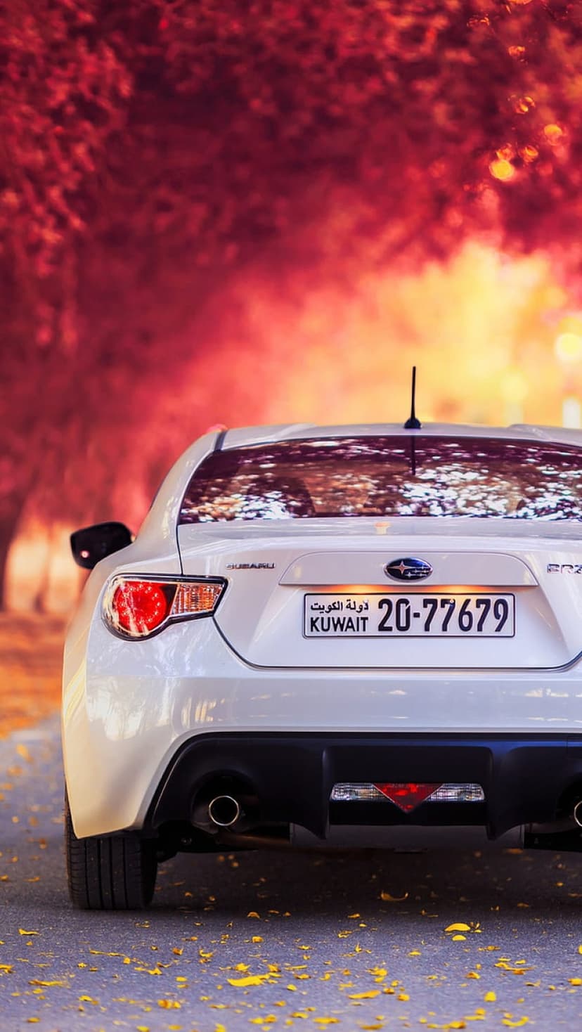 White Subaru BRZ sports car parked on a leaf-strewn road surrounded by red and orange autumn trees.