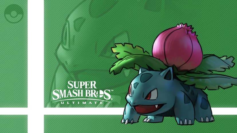 Ivysaur with a pink flower bud on its back stands before a green Super Smash Bros. Ultimate background.