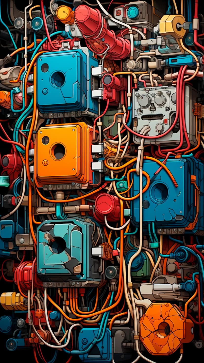 Interlocking industrial pipes and vibrant cables weave through metallic hardware and complex engine components.