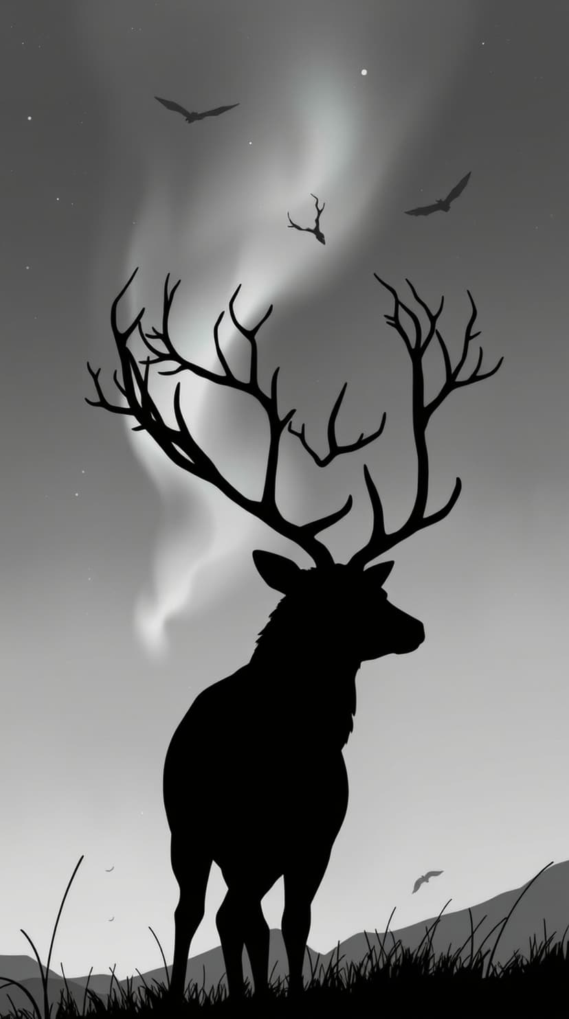 Stag with large antlers silhouetted against a swirling green and purple aurora borealis in a starry night sky.