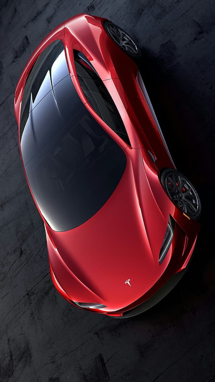 Red Tesla sports car seen from a bird's-eye view featuring a glossy finish and streamlined futuristic chassis.