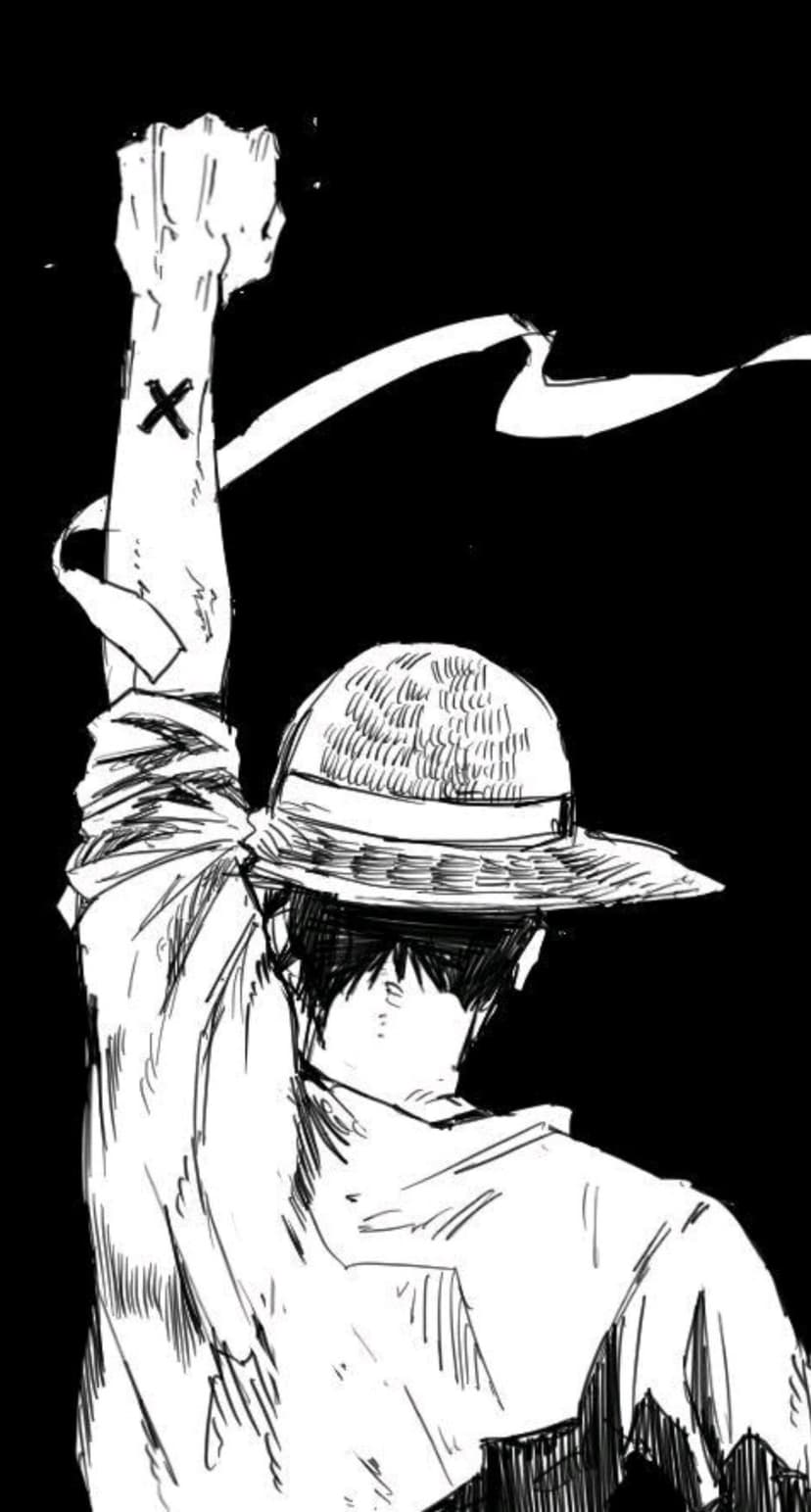 Monkey D. Luffy raises his fist showing an X scar on his forearm against a black background with white ribbons.