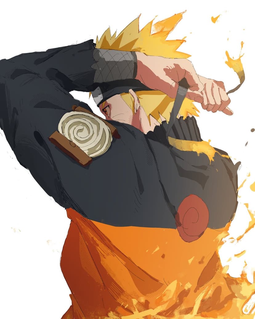 Naruto Uzumaki stands in a battle stance surrounded by swirling orange fire and glowing golden energy sparks.