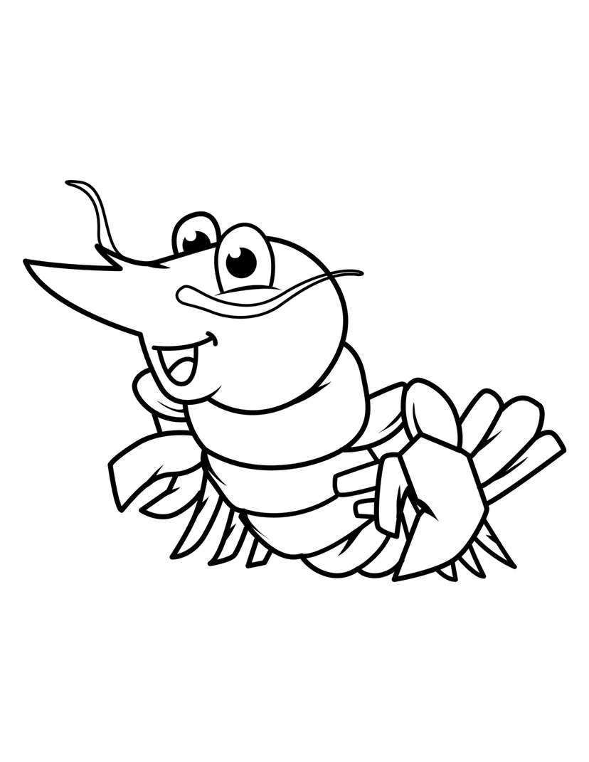 Shrimp line art illustration featuring bold black outlines, segmented body, curved tail, and large eyes.