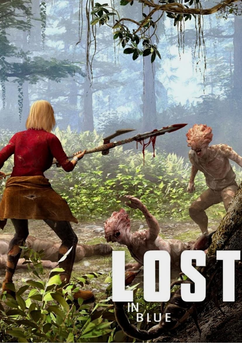 Woman with spear facing mutated mushroom-head monsters in a misty jungle survival scene.