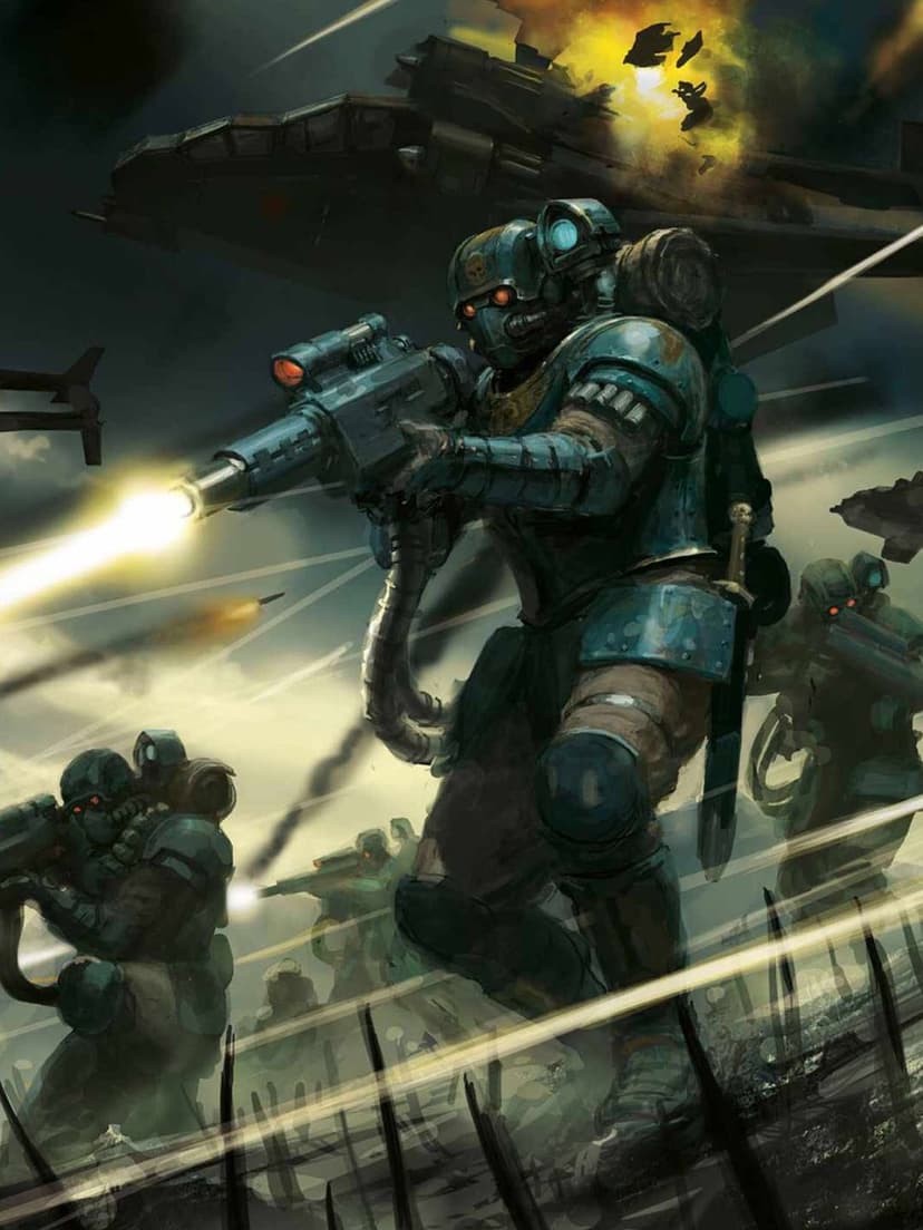 Teal-armored soldier firing a glowing energy rifle on a smoky battlefield with a background explosion.