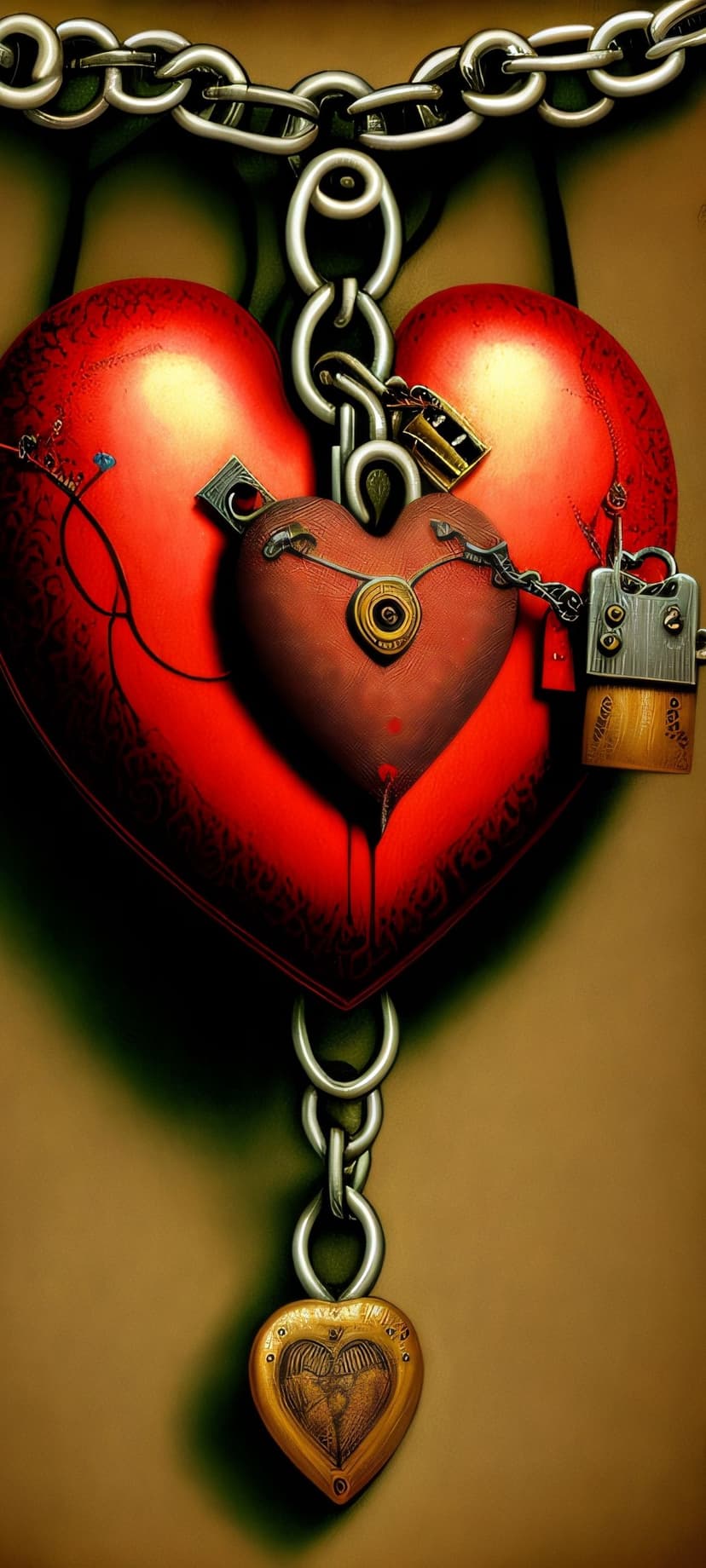 Two red hearts wrapped in heavy steel chains with a gold padlock against a dark, textured vertical background.