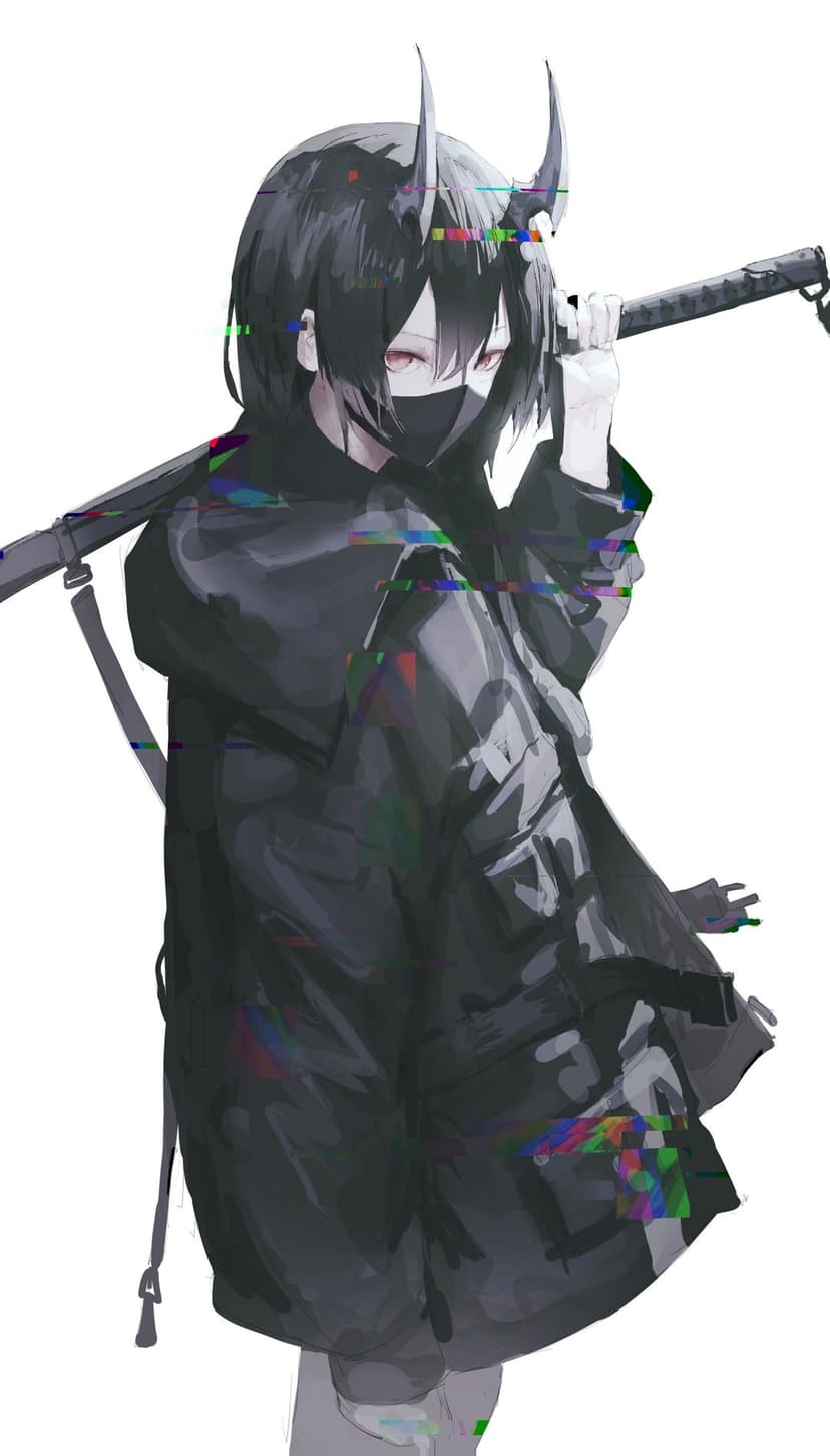 Demon girl with red eyes and horns holds a katana across her shoulders amidst colorful digital glitch distortions.
