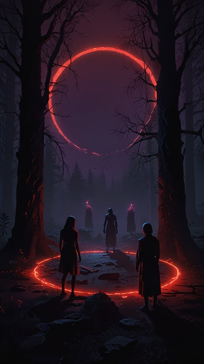 Cloaked figures stand within a glowing red circle on a forest floor under a large crimson celestial ring.