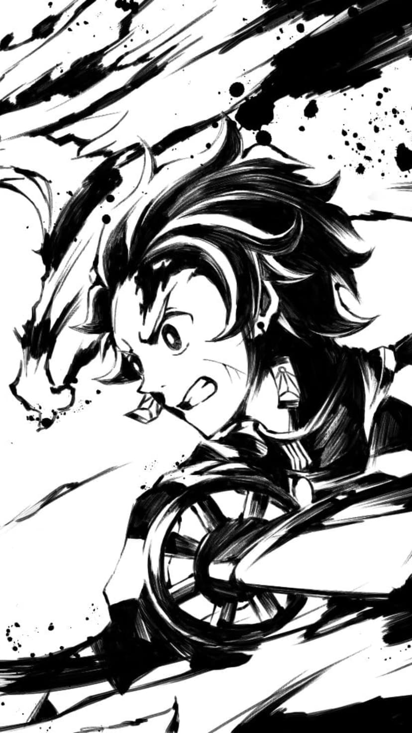 Fierce anime warrior lunges forward with windswept hair and ink splatters in a high-contrast monochrome scene.